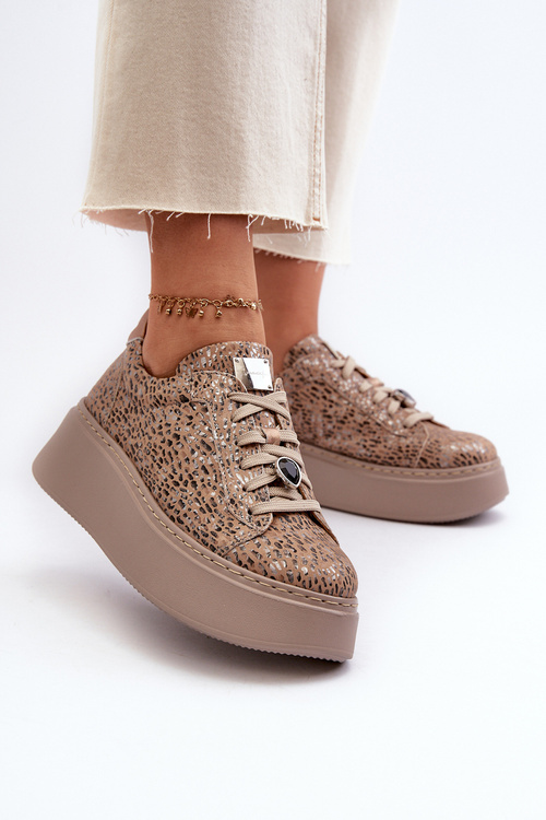 Buty Sportowe Skóra Platforma Maciejka 06191-10 Beżowe