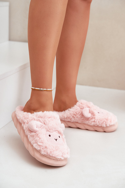 Womens Furry Slippers With Sheep Motif Pink Phaeia