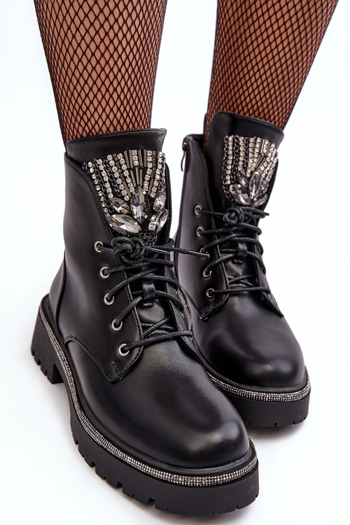 Workery Botki Niskie Biżuteryjna Ozdoba Czarne Melenope NC1310