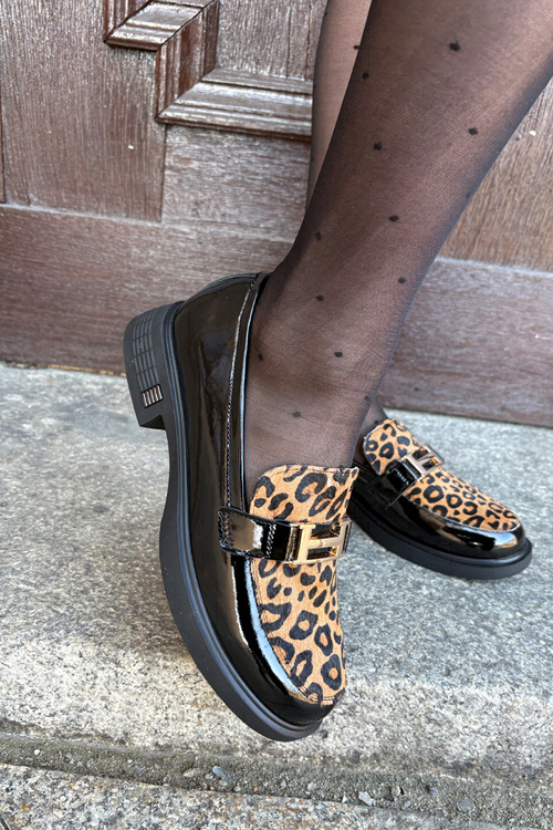 Leather Patent Loafers Leopard Vinceza 66790 Black