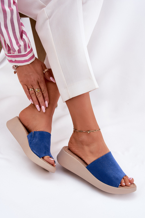 Damskie Klapki Na Koturnie Zamszowe Niebieskie Panto Fino RR267041