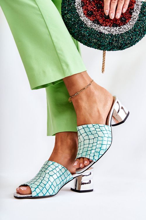 Leather Women's Slippers Crocodile pattern On Heel Light green Perry