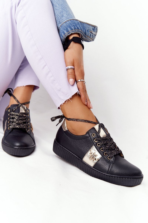 Damskie Skórzane Tenisówki Lewski Shoes 2786-0 Czarno-Złote