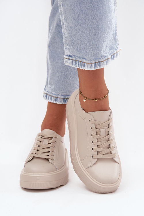 Damskie Sneakersy Skóra Naturalna Masywna Platforma Beżowe Sylvessa