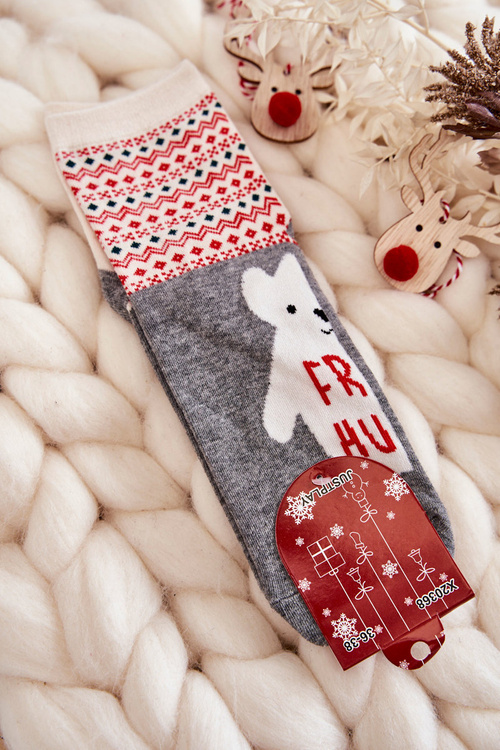 Skarpetki Damskie Świąteczne Wzory Misiu Polarnym Szare