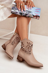 Zazoo 3404 Perforated Cowboy Ankle Boots With Low Heel Leather Dark Beige