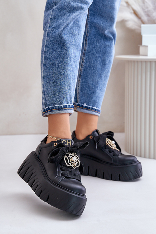 Damskie Sneakersy Masywna Podeszwa Ozdoba Czarne CheBello 4530