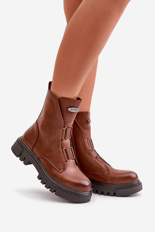 Warm ankle boots worker ladies with zipper eco leather brown Mailyra