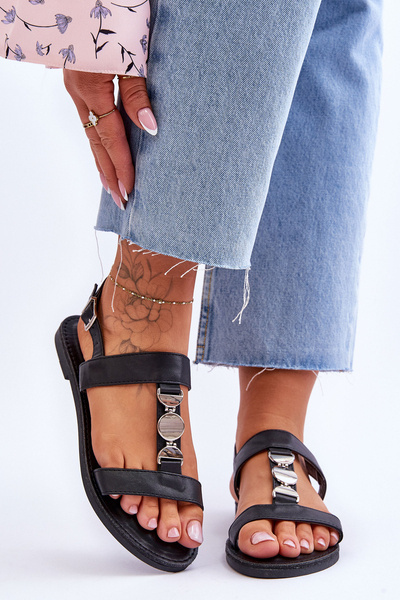 Sandały Damskie Płaskie Ozdobny Pasek Czarne Berry