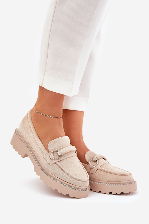 Mokasyny Eko Skórzane Zdobione Cyrkoniami Beżowe Patina