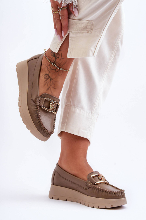 Zazoo 10141 Leather loafers on platform with decoration dark beige