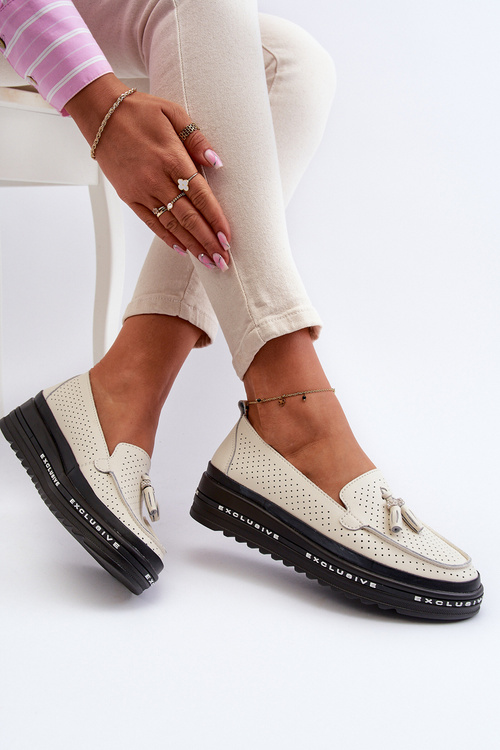 Mokasyny Damskie Na Platformie Skóra Beżowe Assetnima 24PB18-7176