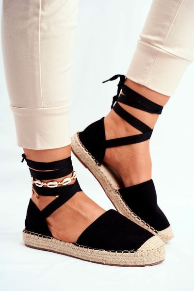 Espadryle Damskie Wiązane Lniane Czarne Bonjour