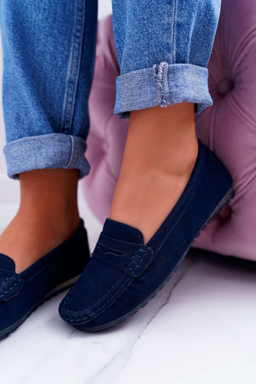Women's Suede Leather Moccasins Navy Blue Tenzion