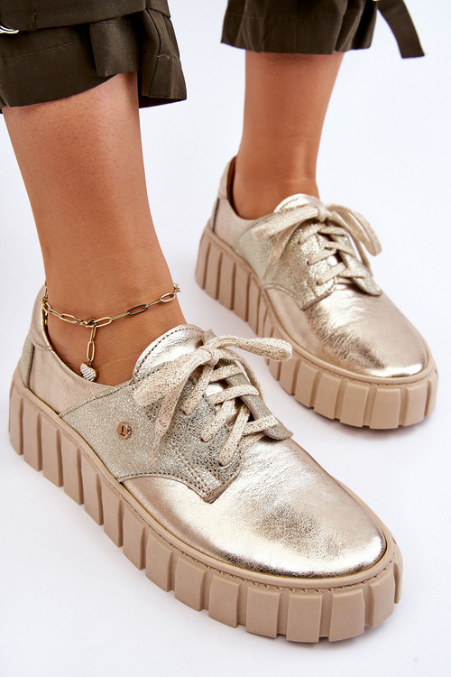 Półbuty Skórzane Masywna Platforma Złote Zazoo 10128