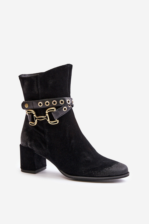 Women's Suede Ankle Boots on Heel with Decorative Strap Maciejka Black 06679-01