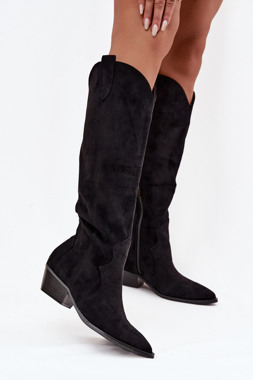 Damskie Kozaki Kowbojki Eko Zamsz Obcas Czarne Jenaya