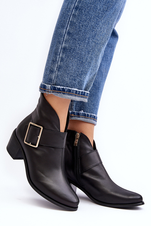 Women's leather ankle boots with low heel and buckle black Liliane