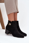 Damskie Botki Obcas Słupek Złoty Detal Ocieplane Czarne Renora