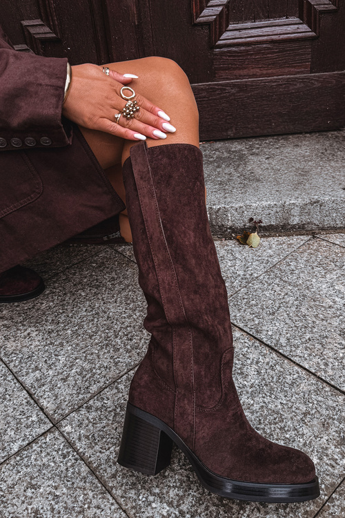 Damskie Ocieplane Kozaki Eko Zamsz Masywny Słupek Czekoladowe Sanelle