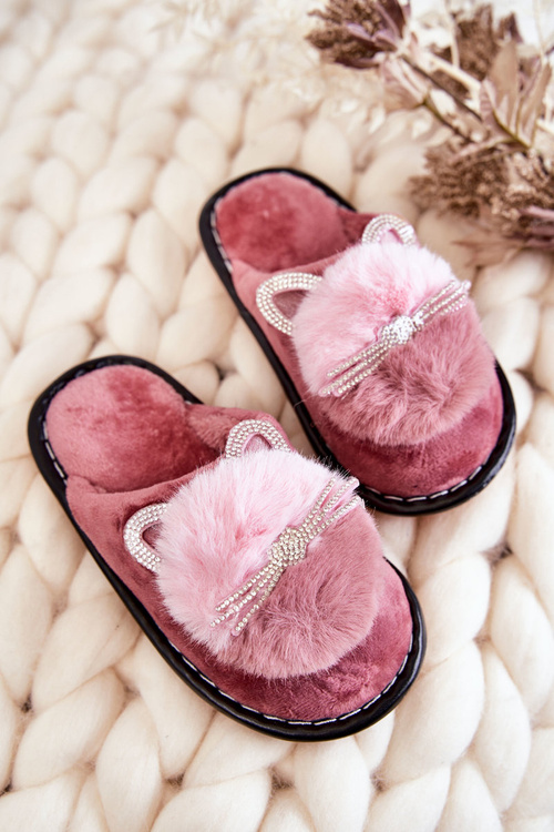 Children's slippers with a kitten and rhinestones Dark pink Carliss