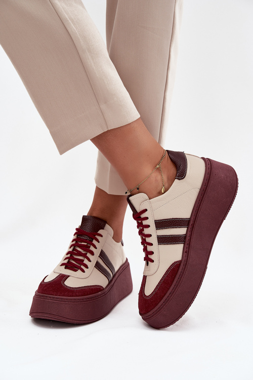 Leather Women's Sneakers on Platform Zazoo 3775 Beige-Burgundy
