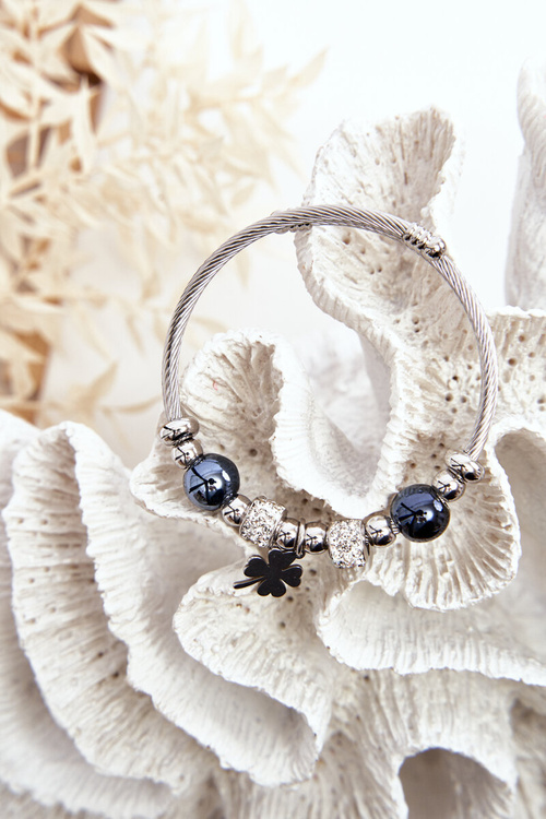 Bransoletka Stalowa Charmsy Koniczyna Srebrno-Czarna