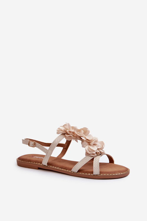 Women's Flat Sandals Adorned with Flowers Beige Abidina