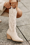 Cowboy Boots On A Heel With A Lattice Pattern Above The Knee Light Beige Innathoria