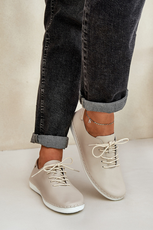 Półbuty Damskie Skóra Naturalna Sznurowane Beżowe D&A LR51-645