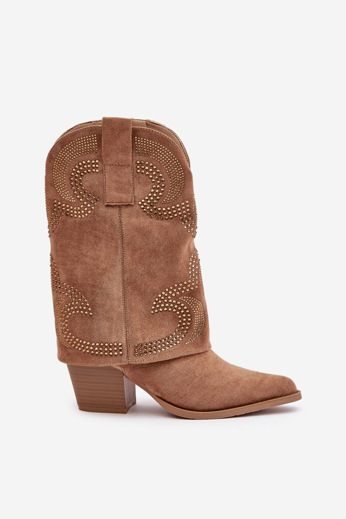 Embellished Cowboy Ankle Boots Mid Calf Heeled S.Barski HY42-153 Camel