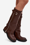 Women's Boots with Turned-up Shaft Buckle and Silver Zipper Insulated Brown Bressa
