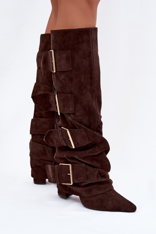 Women's High Heel Boots with Turned Top and Gold Clamps Eco Suede Chocolate Isavelle
