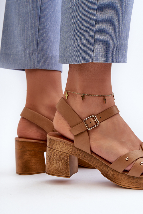 Damskie Sandały Eko Skórzane Na Obcasie Brązowe Assames 24SD98-6758