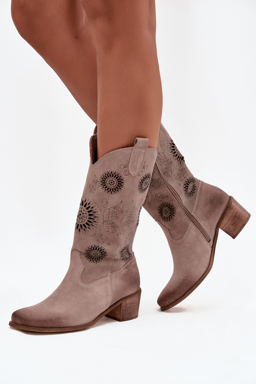 Suede Leather Women's Boots With Openwork Pattern Zazoo 3852 Cappuccino