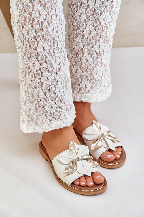 Klapki Skóra Naturalna Ozdoba Białe Zazoo 3667