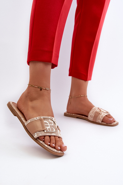 Klapki Damskie Błyszczące Z Ozdobą Beżowe Taleci