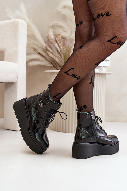 Zazoo 60499 Lacquered Women's Ankle Boots On Platform And Wedge Insulated Natural Leather Dark Green