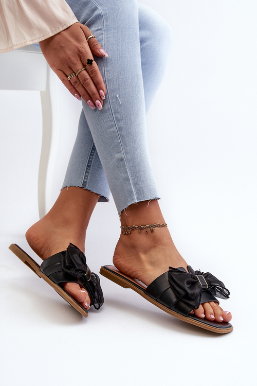 Klapki Płaskie Damskie Z Kokardą Czarne Balinda