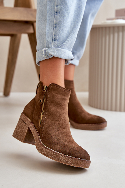 Lined Women's Boots with Block Heel in Faux Suede Dark Brown Velarilla