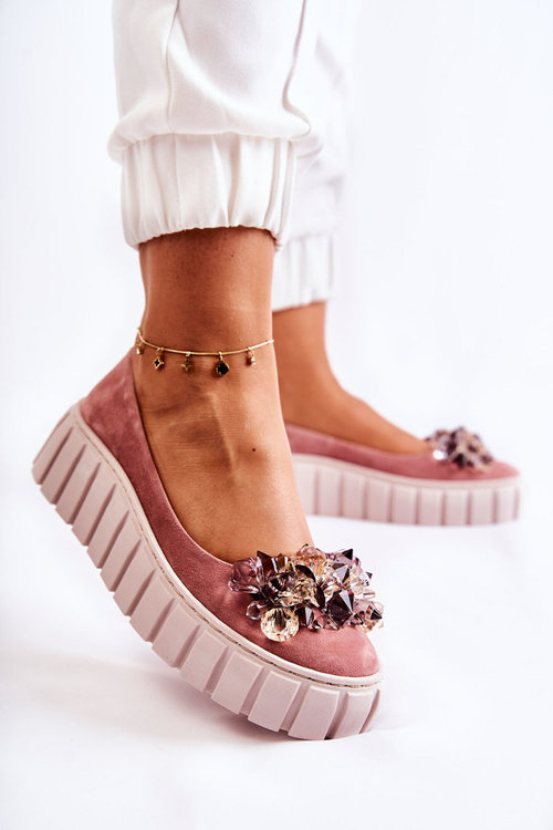 Suede Ballerinas On A Platform With A Ornament Pink Ladette