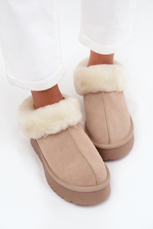 Leather Suede Snow Boots Women with Fur Beige Mivelle