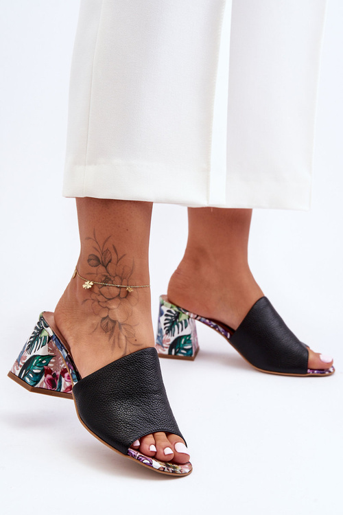 Klapki Damskie Skóra Obcas Czarne Lewski Shoes 3209/K 