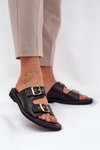 Klapki Skóra Naturalna Płaski Obcas Eleganckie Z Ozdobą Czarne Zazoo 3008