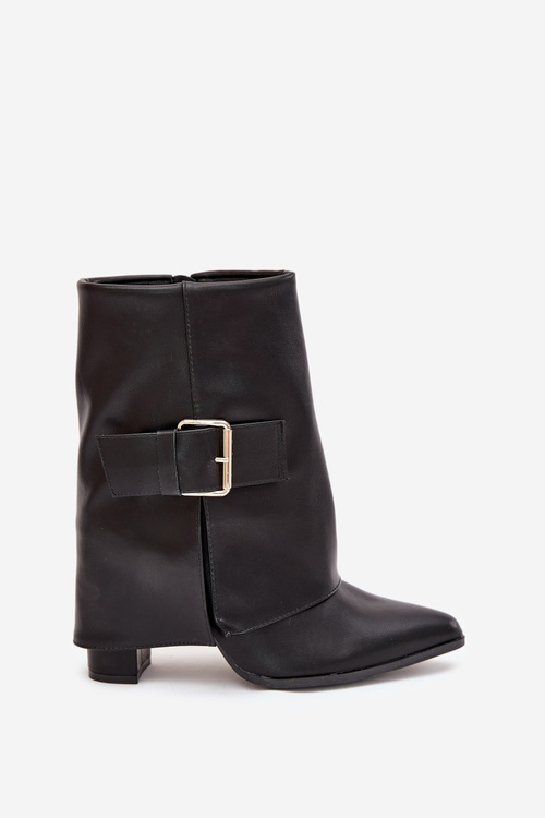 Insulated ankle boots on a heel with a rolled top and gold buckle black Ylenara