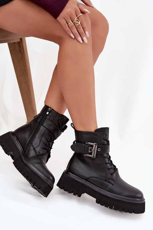 Leather Women's Work Boots Insulated With Decorative Clasp D&A MK52-032 Black