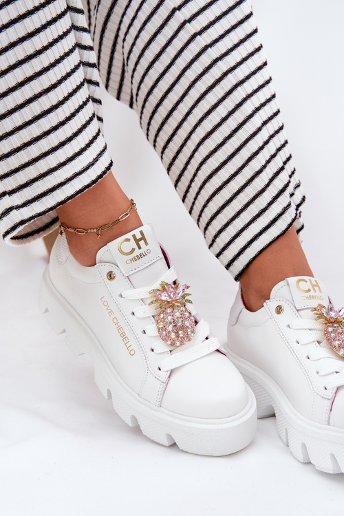 Sneakersy Skóra Naturalna Ozdoba Broszka Ananas Białe CheBello 4651