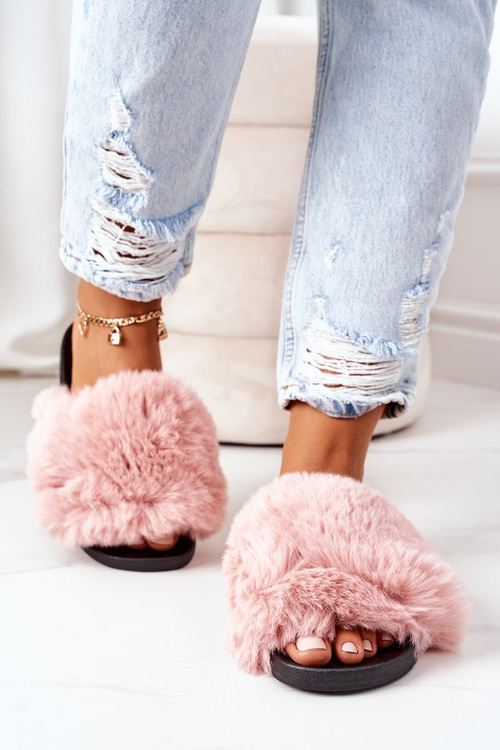 Rubber Slippers With Fur Pink Soft