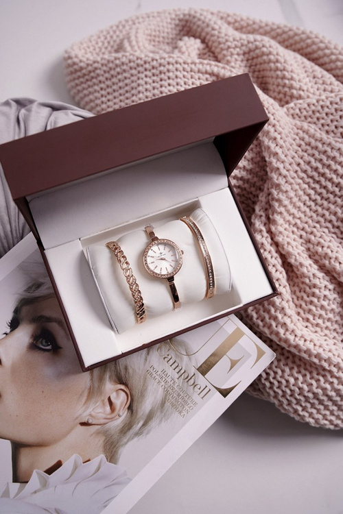 Women's Watch and Two Bracelets Set Michael John Pink Gold Zirconia
