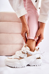 Buty Sportowe Modne Materiałowe Beżowo-Białe Amariso